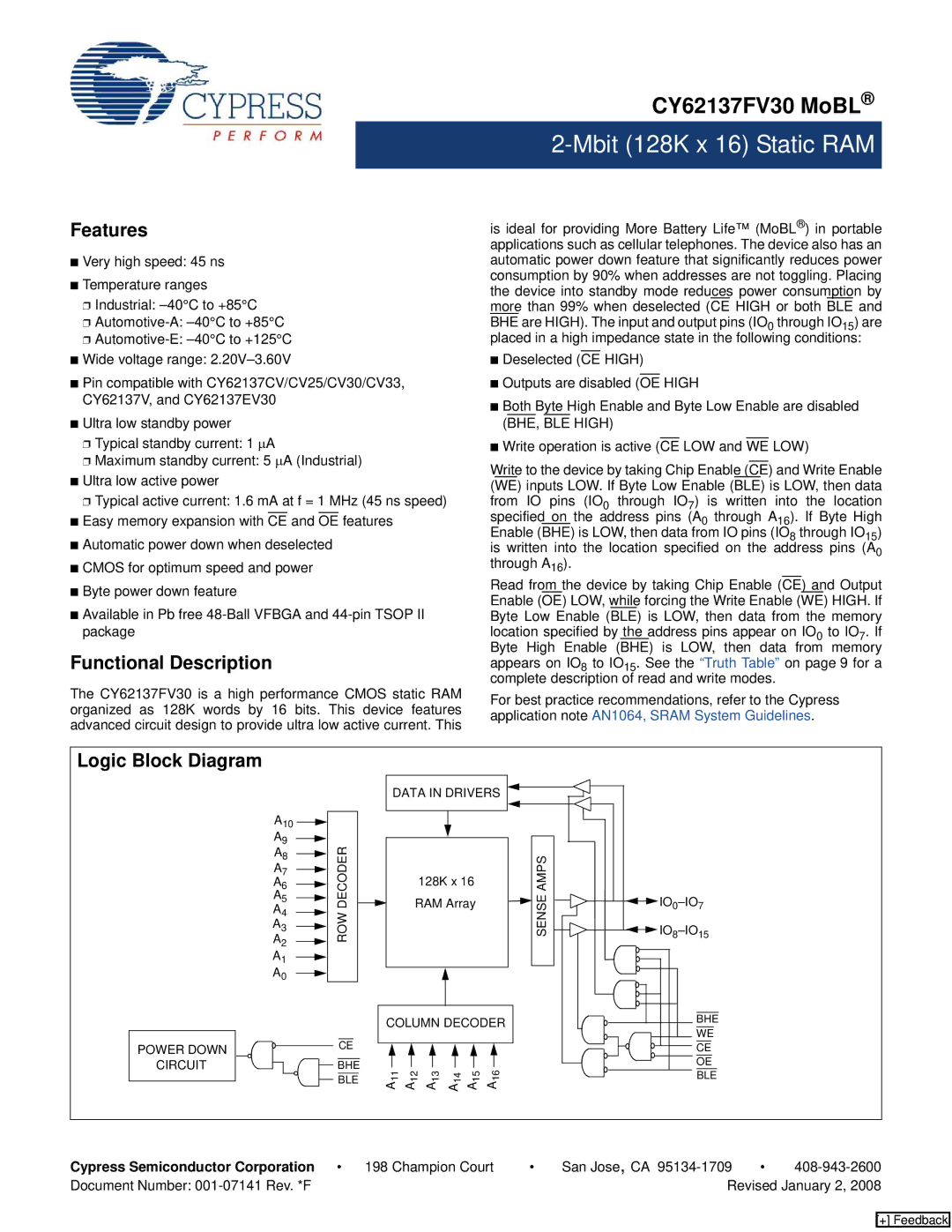 Cypress CY62137FV30 manual Features, Functional Description, Logic Block Diagram 