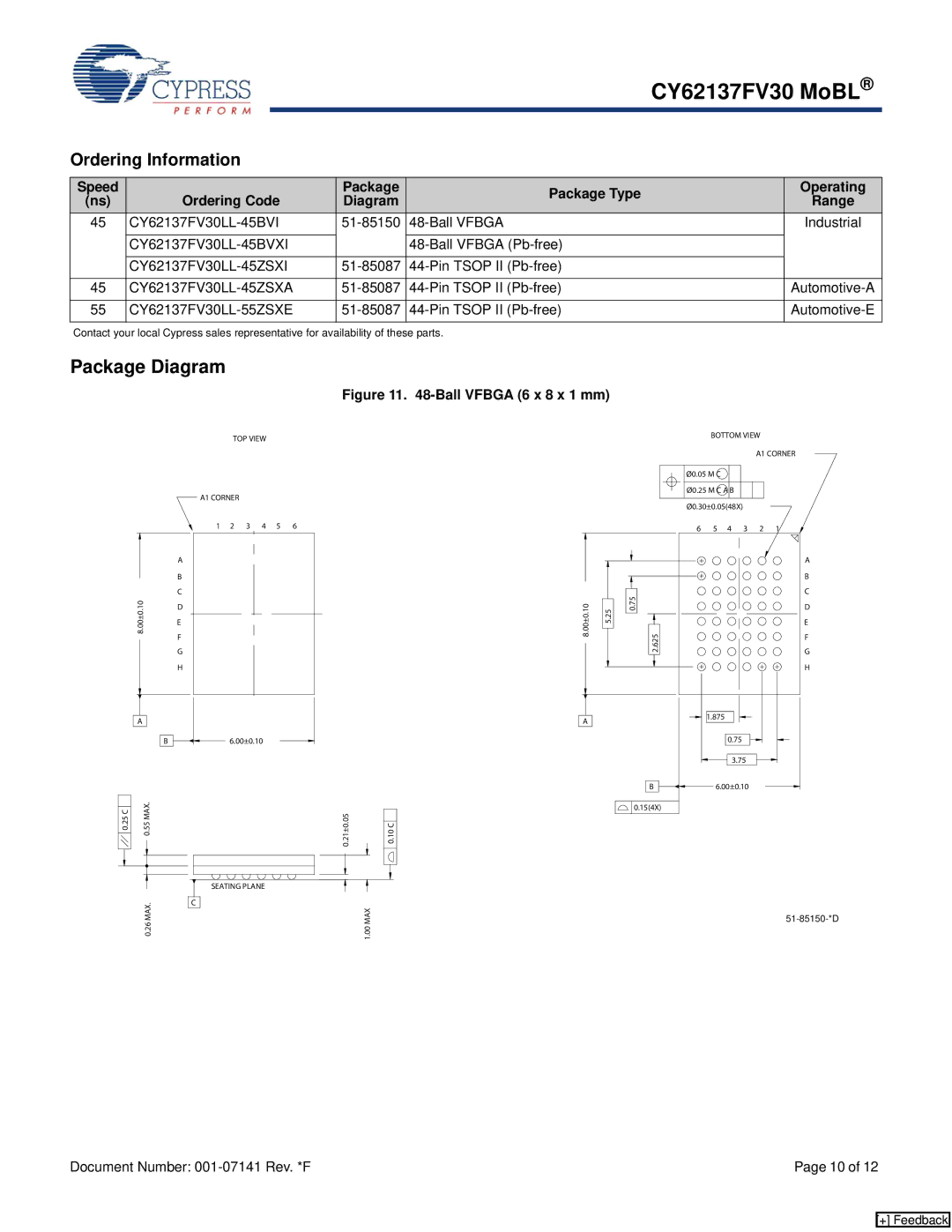 Cypress manual Package Diagram, CY62137FV30LL-45BVI 51-85150 Ball Vfbga 