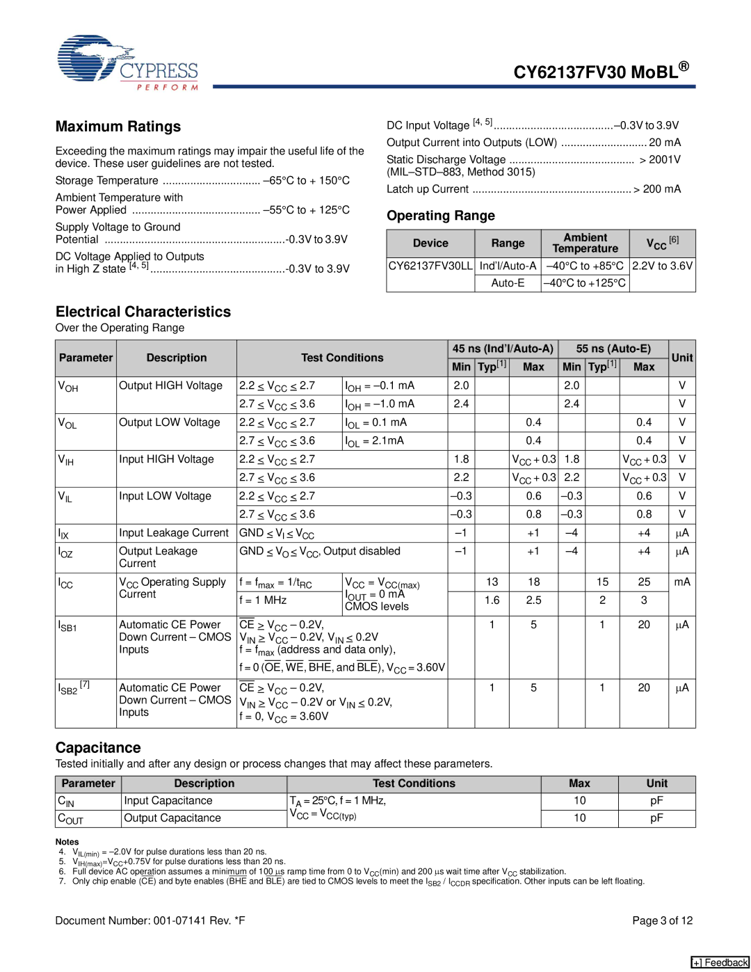 Cypress CY62137FV30 manual Maximum Ratings, Electrical Characteristics, Capacitance, Device Range Ambient 