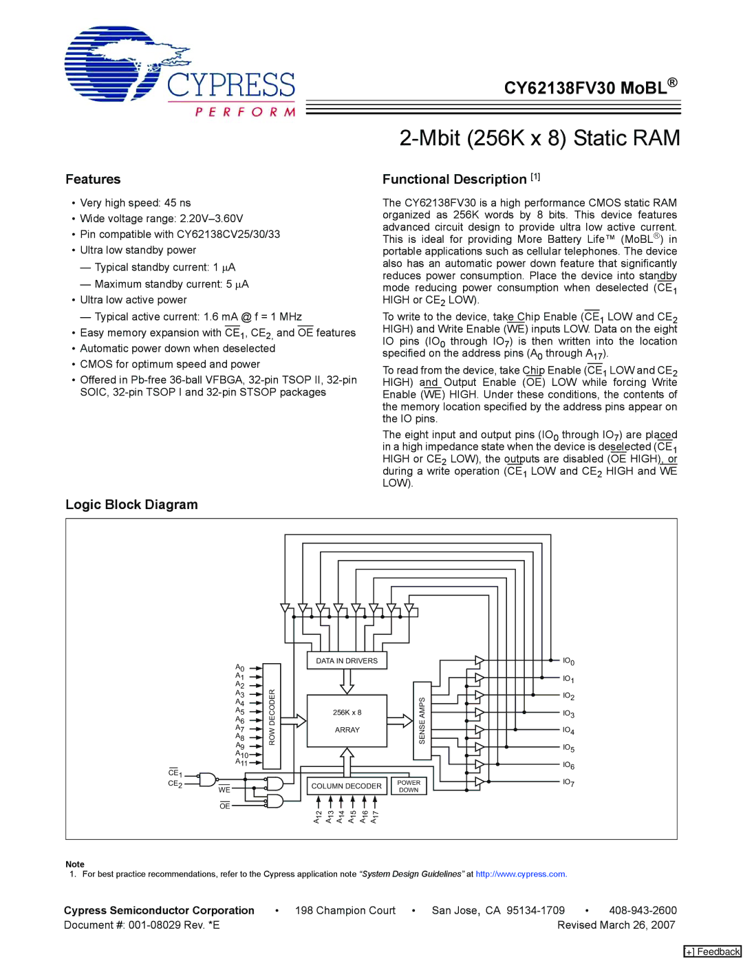 Cypress CY62138CV33 manual Features, Logic Block Diagram Functional Description, Cypress Semiconductor Corporation 