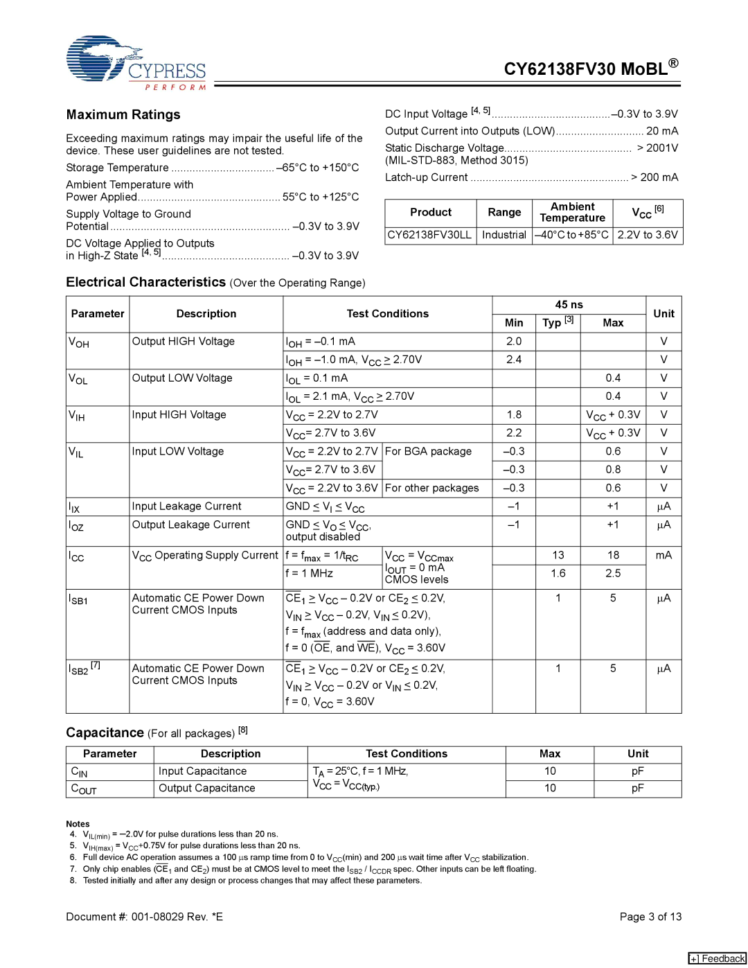 Cypress CY62138FV30 manual Maximum Ratings, Electrical Characteristics Over the Operating Range, Product Range Ambient 