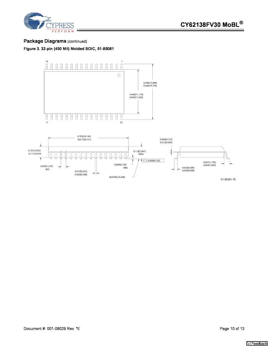 Cypress CY62138CV25 manual CY62138FV30 MoBL, Package Diagrams continued, 32-pin 450 Mil Molded SOIC, Page 10 of, + Feedback 