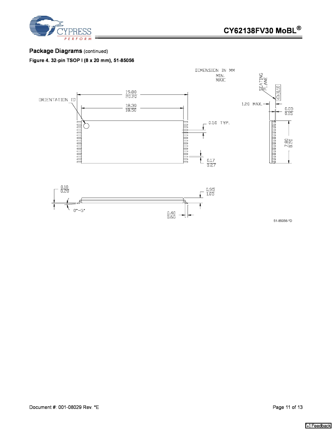 Cypress CY62138CV30 manual CY62138FV30 MoBL, Package Diagrams continued, 32-pin TSOP I 8 x 20 mm, Page 11 of, + Feedback 