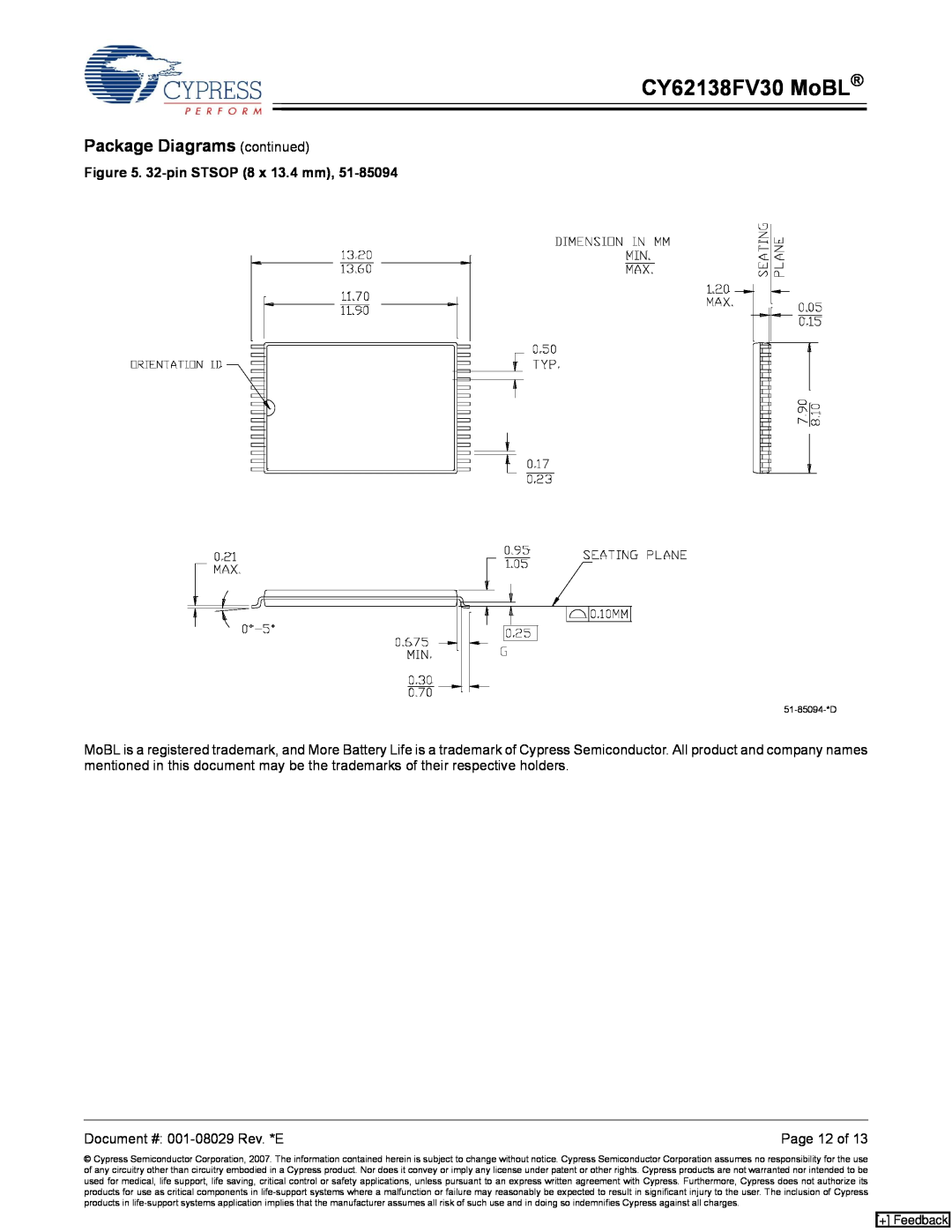 Cypress CY62138CV30 manual CY62138FV30 MoBL, Package Diagrams continued, 32-pin STSOP 8 x 13.4 mm, Page 12 of, + Feedback 
