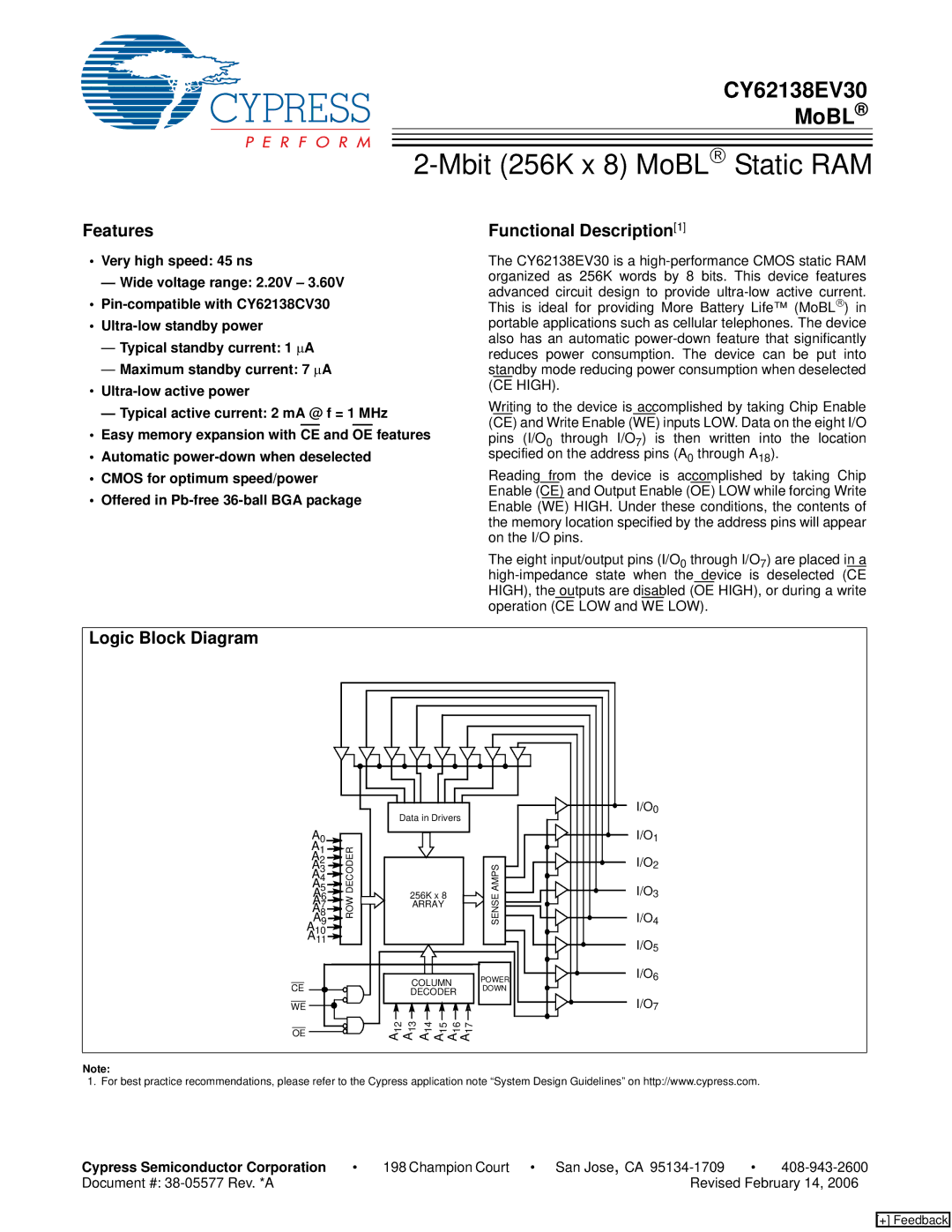 Cypress CY62138EV30 manual Features, Functional Description1, Logic Block Diagram, Cypress Semiconductor Corporation 