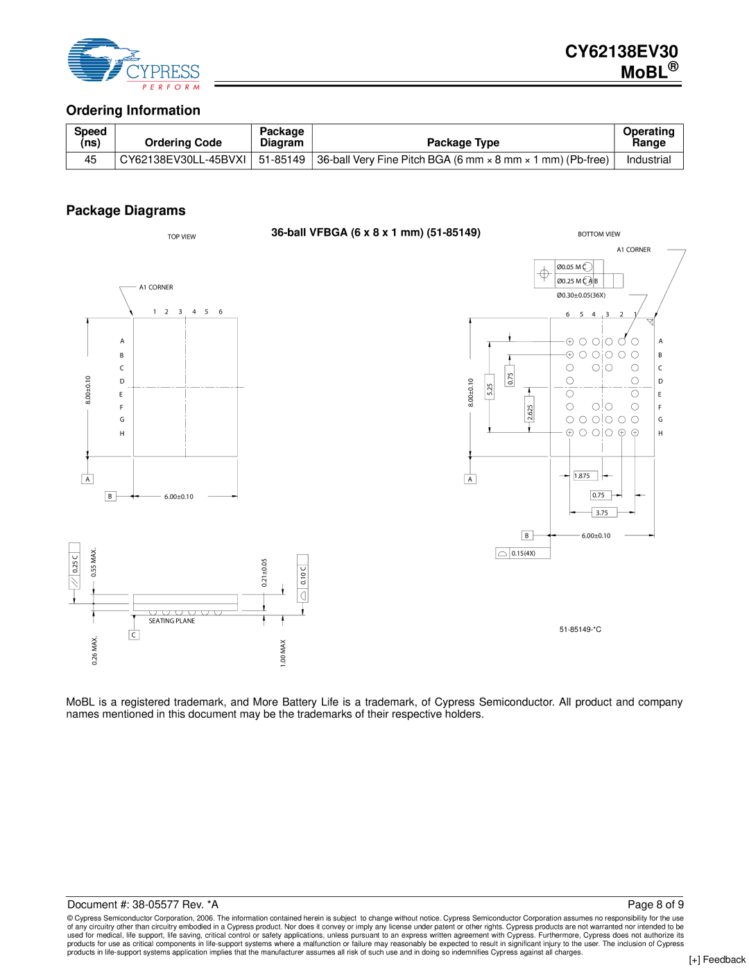 Cypress CY62138EV30 manual Ordering Information, Package Diagrams, Ball Vfbga 6 x 8 x 1 mm 