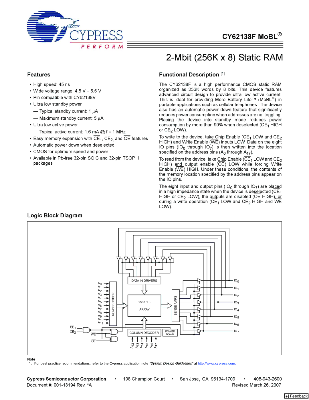 Cypress CY62138F manual Features, Logic Block Diagram Functional Description, Cypress Semiconductor Corporation 