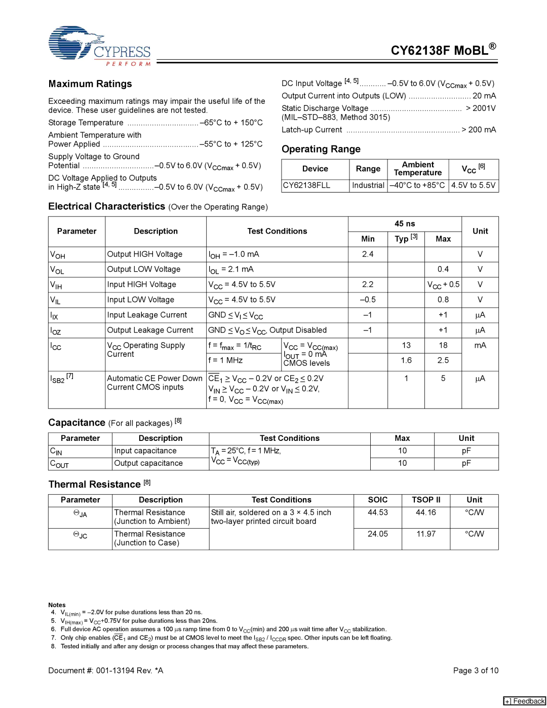 Cypress CY62138F manual Maximum Ratings, Electrical Characteristics Over the Operating Range, Thermal Resistance 