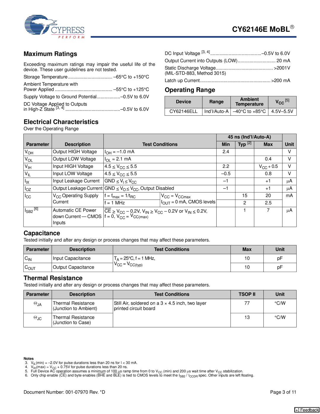 Cypress CY62146E MoBL manual Maximum Ratings, Electrical Characteristics, Operating Range, Capacitance, Thermal Resistance 