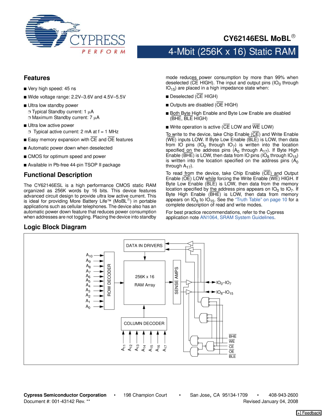 Cypress CY62146ESL manual Features, Functional Description, Logic Block Diagram 