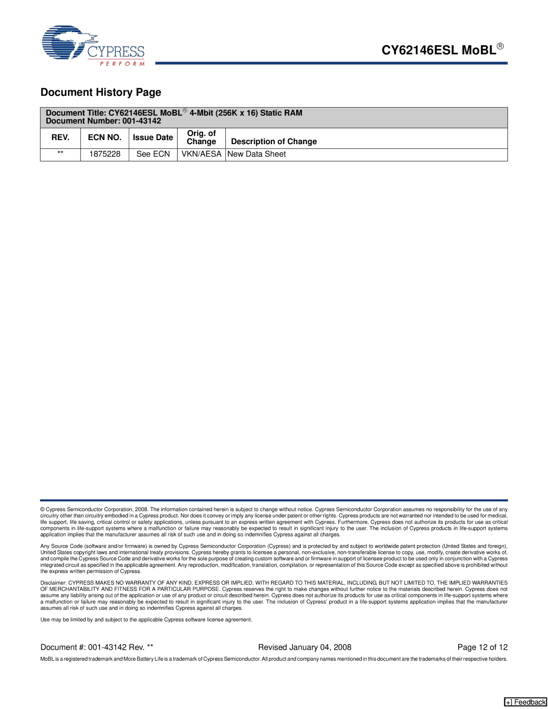 Cypress CY62146ESL manual Document History, REV ECN no, Issue Date Orig. Change Description of Change 1875228, Vkn/Aesa 