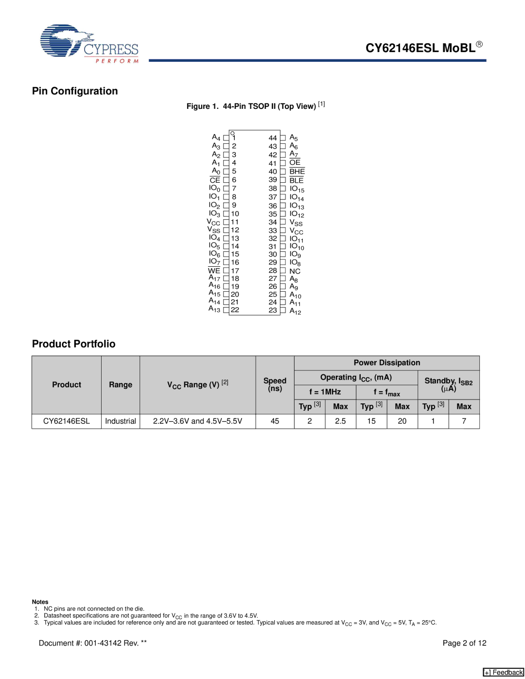 Cypress CY62146ESL manual Pin Configuration, Product Portfolio 