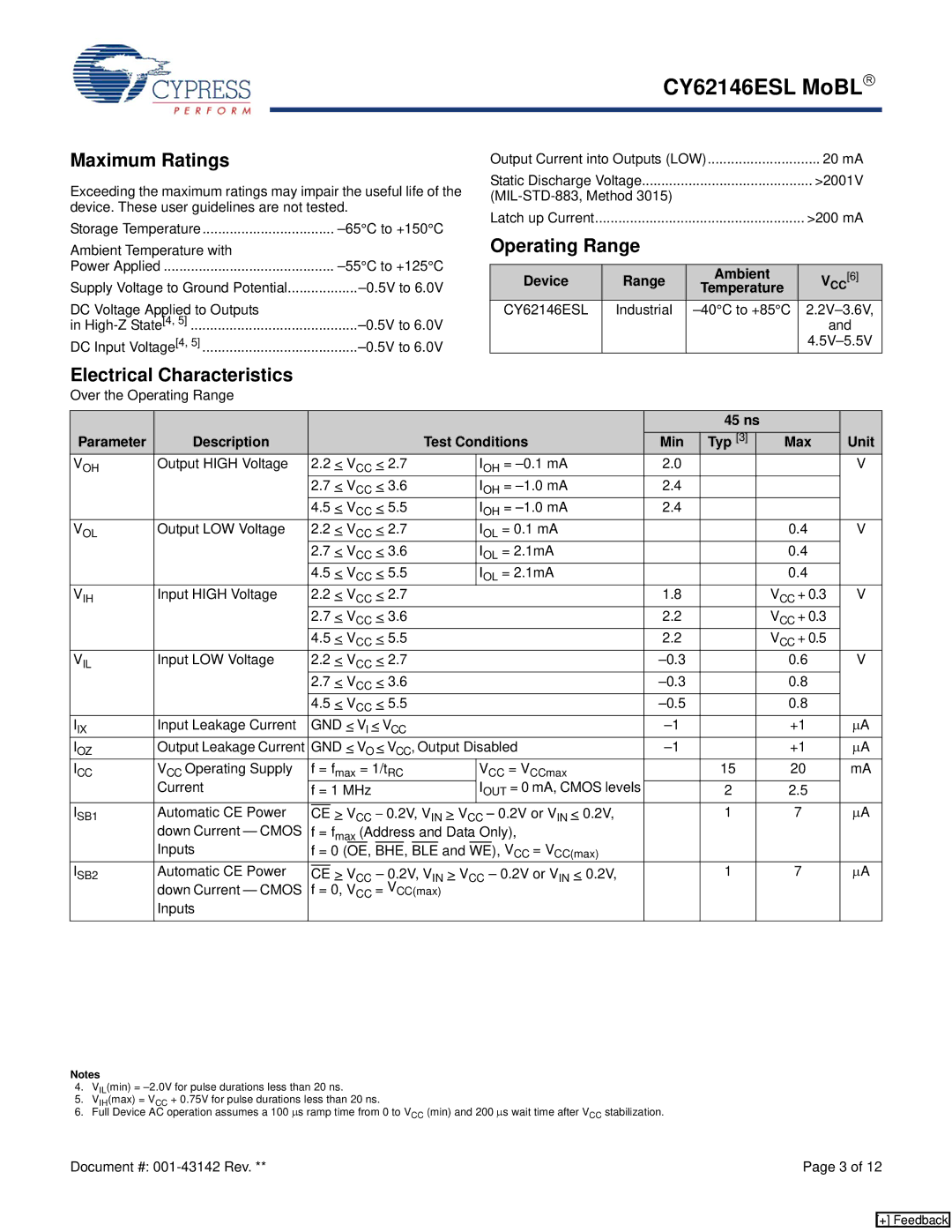 Cypress CY62146ESL manual Maximum Ratings, Operating Range, Electrical Characteristics, Device Range Ambient 