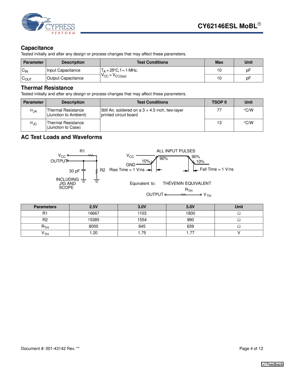 Cypress CY62146ESL manual Capacitance, Thermal Resistance, AC Test Loads and Waveforms, Tsop 