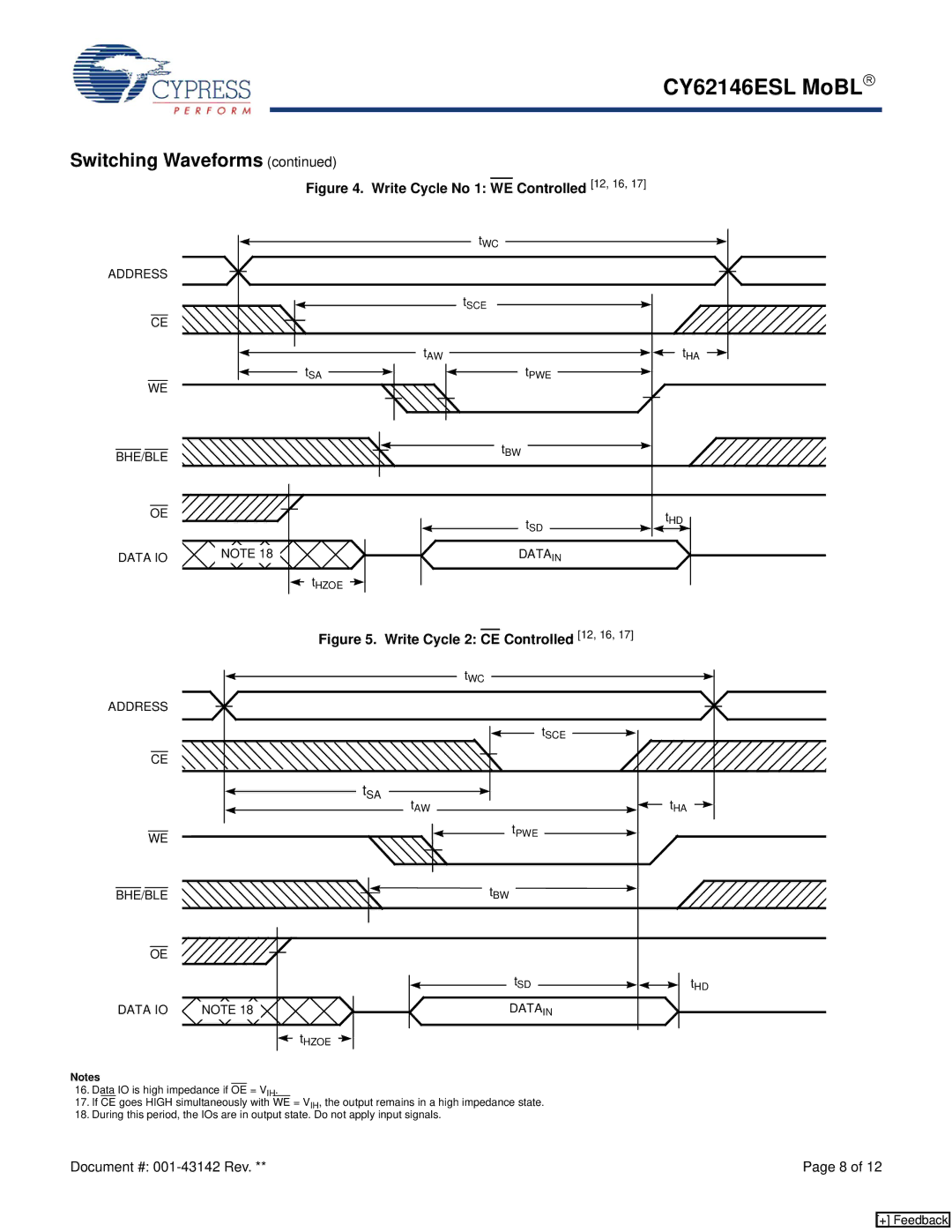 Cypress CY62146ESL manual Write Cycle No 1 WE Controlled 12, 16 