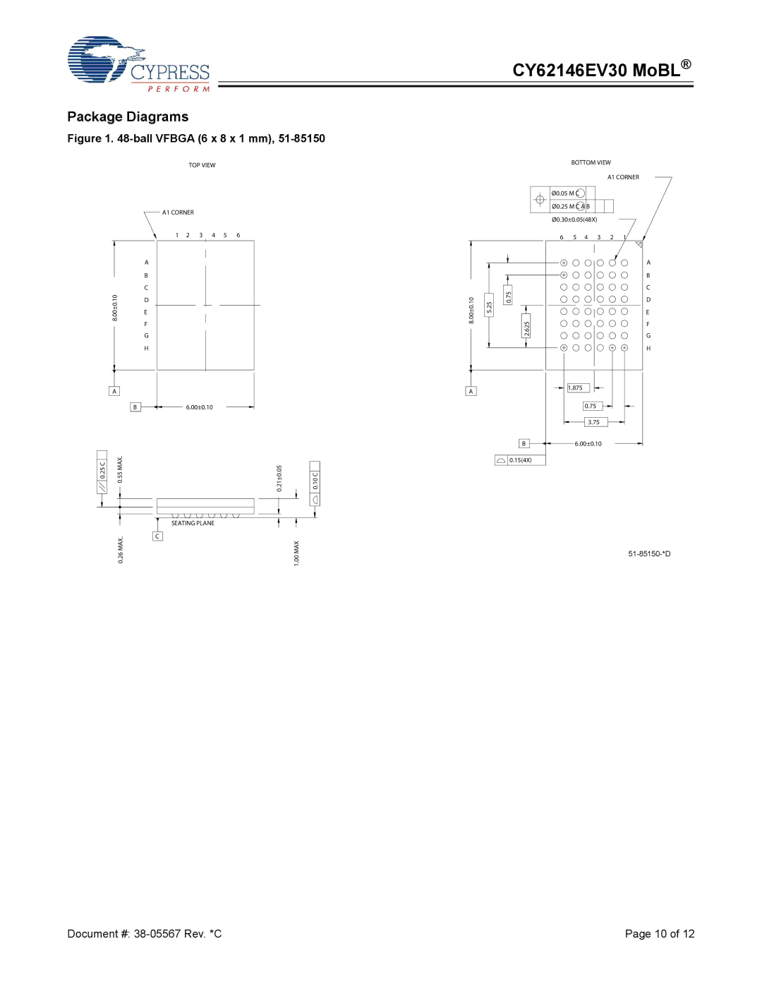 Cypress CY62146EV30 manual Package Diagrams, Ball Vfbga 6 x 8 x 1 mm 