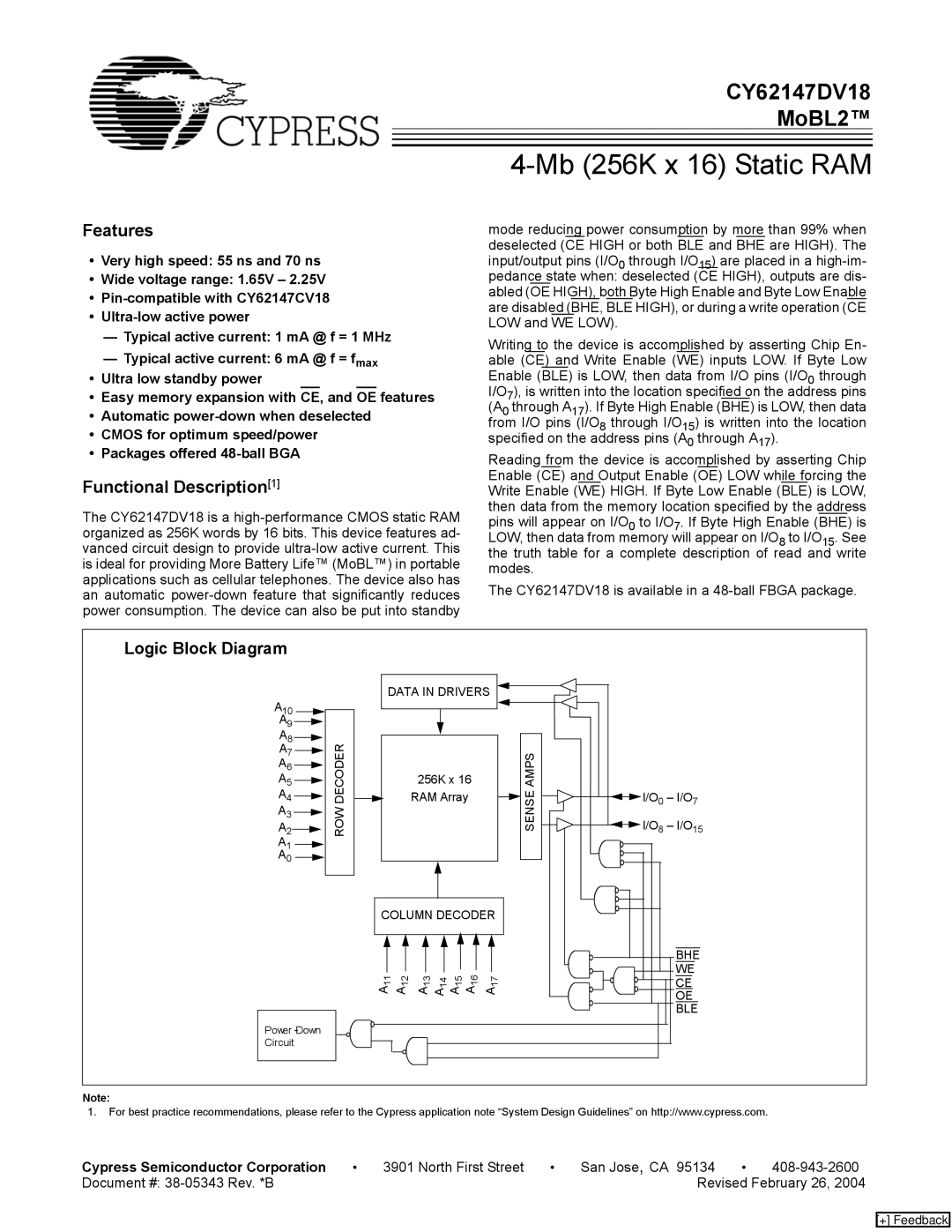 Cypress CY62147DV18 manual Features, Functional Description1, Cypress Semiconductor Corporation 