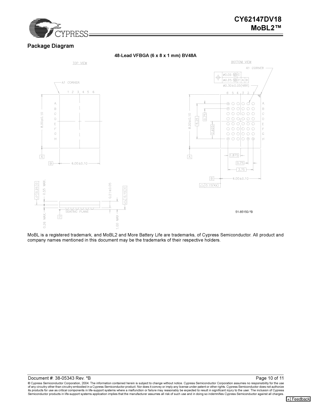 Cypress CY62147DV18 manual Package Diagram, Lead Vfbga 6 x 8 x 1 mm BV48A 