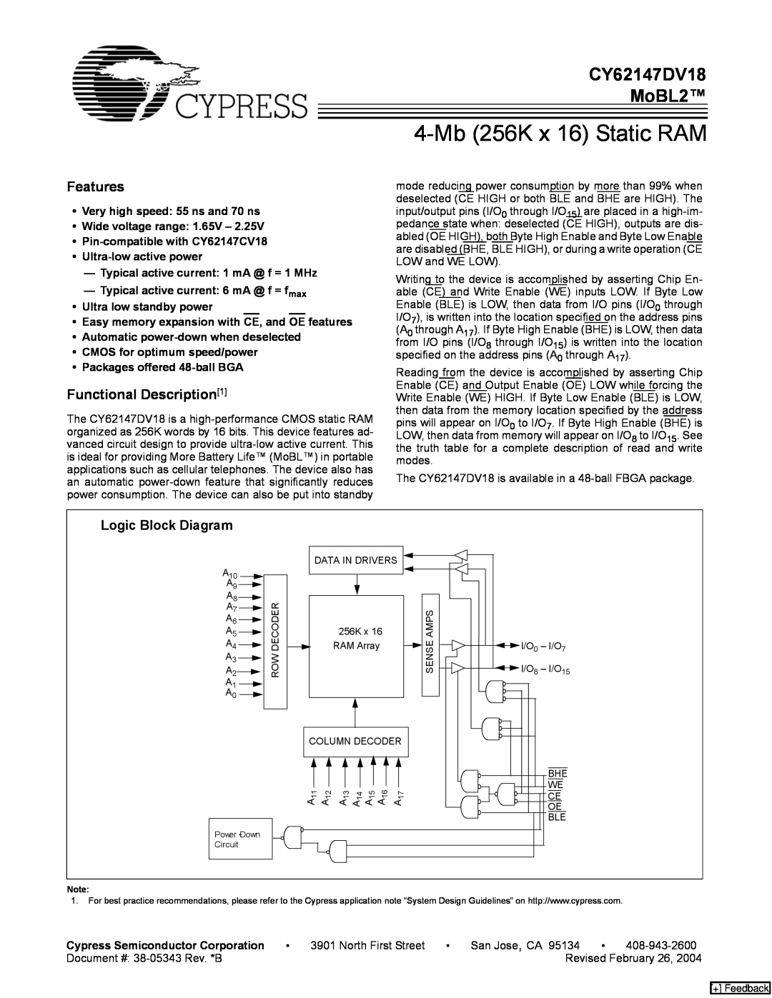 Cypress manual CY62147DV18 MoBL2, Features, Functional Description1, Logic Block Diagram, 4-Mb 256K x 16 Static RAM 
