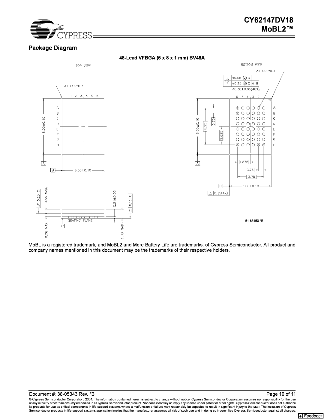 Cypress manual Package Diagram, CY62147DV18 MoBL2, Lead VFBGA 6 x 8 x 1 mm BV48A, + Feedback 