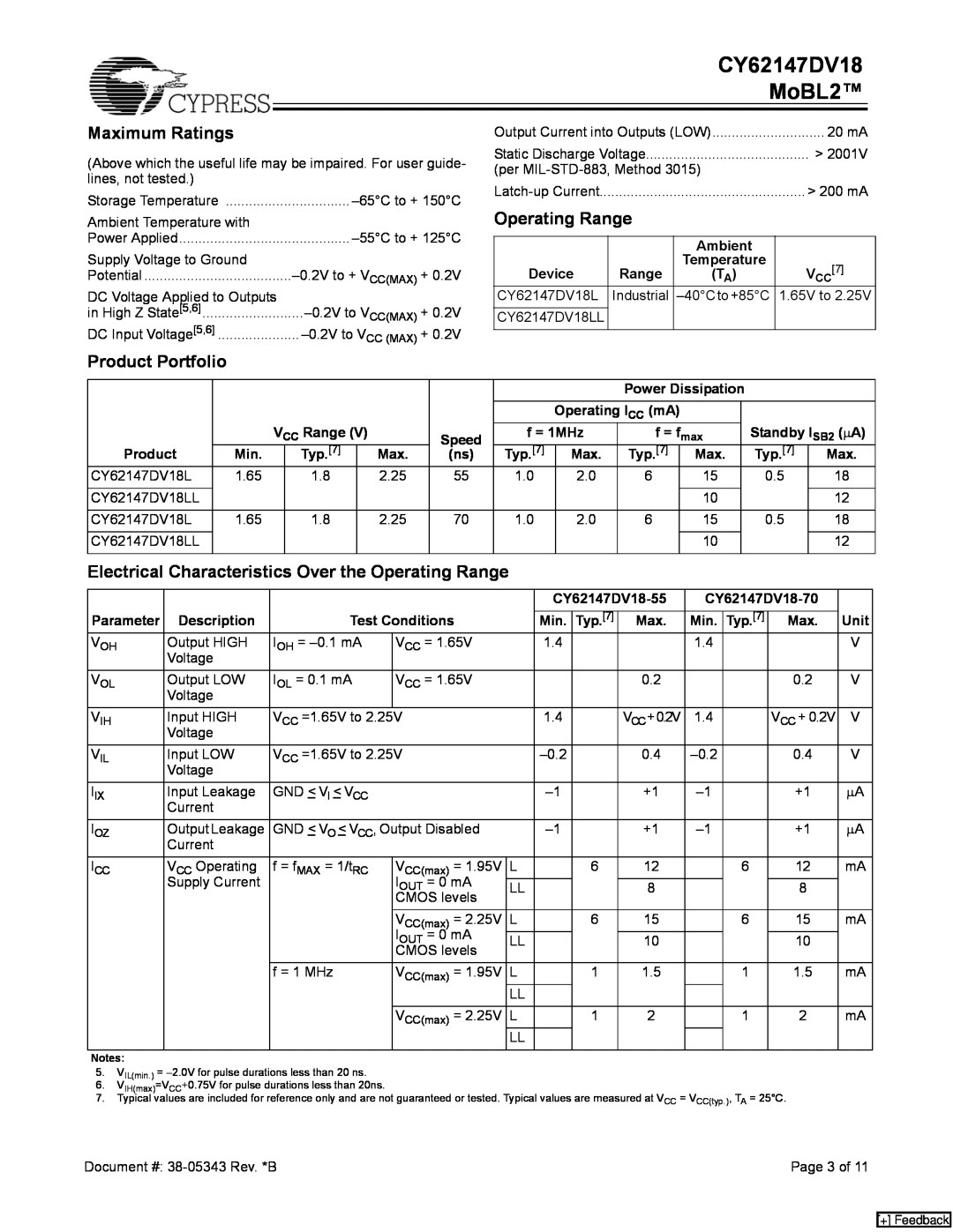 Cypress manual Maximum Ratings, Operating Range, Product Portfolio, CY62147DV18 MoBL2 