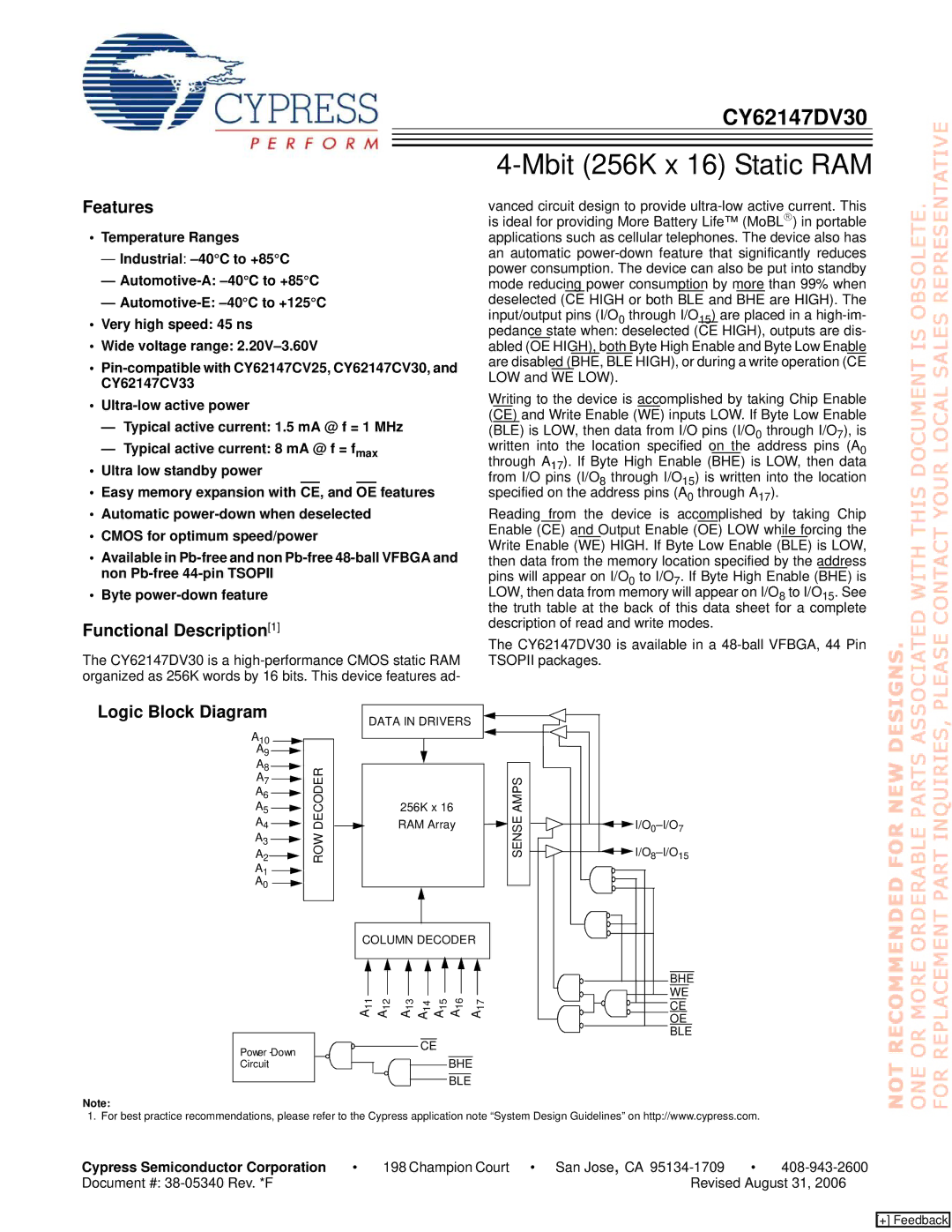 Cypress CY62147DV30 manual Features, Functional Description1, Logic Block Diagram, Cypress Semiconductor Corporation 