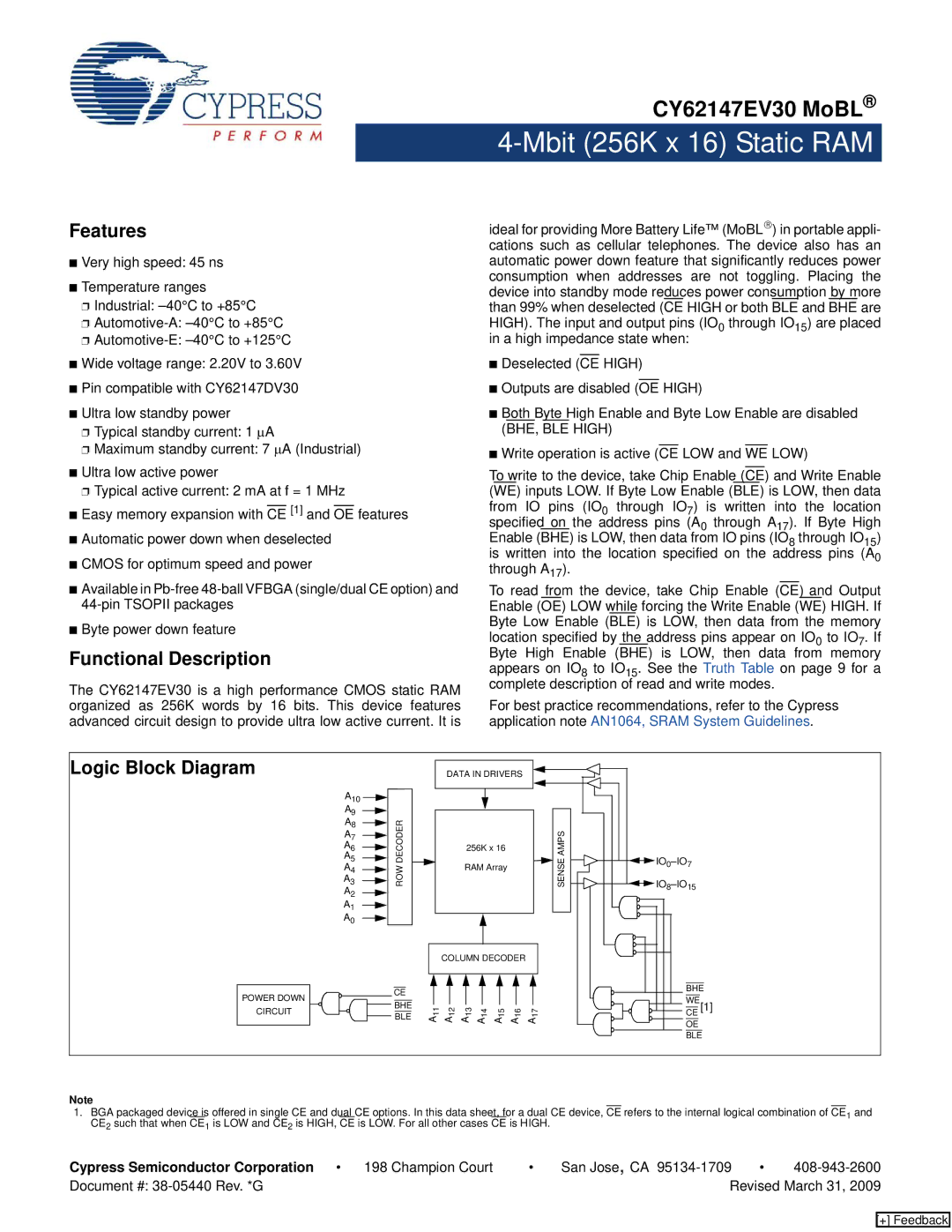 Cypress CY62147EV30 manual Features, Functional Description, Logic Block Diagram 