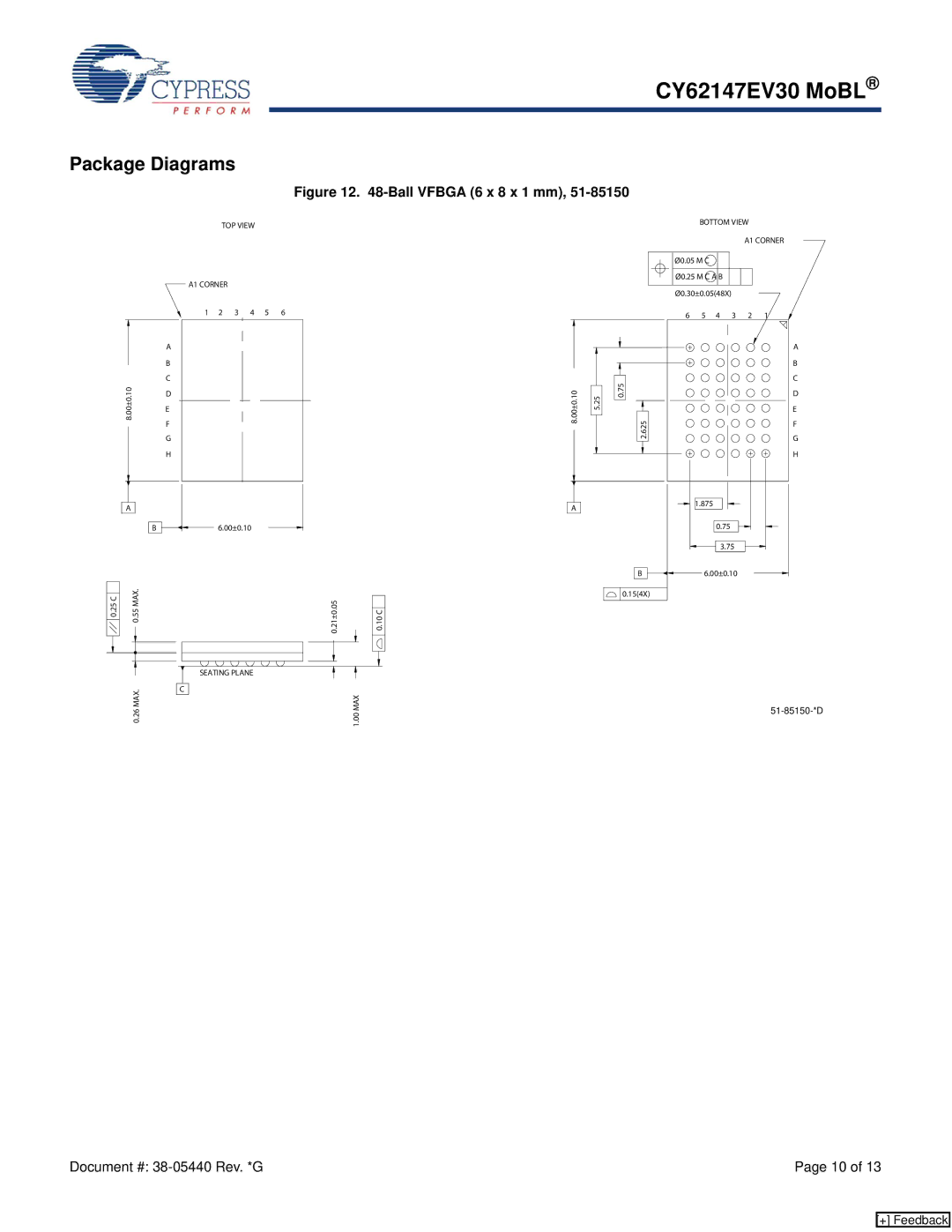 Cypress CY62147EV30 manual Package Diagrams, Ball Vfbga 6 x 8 x 1 mm 