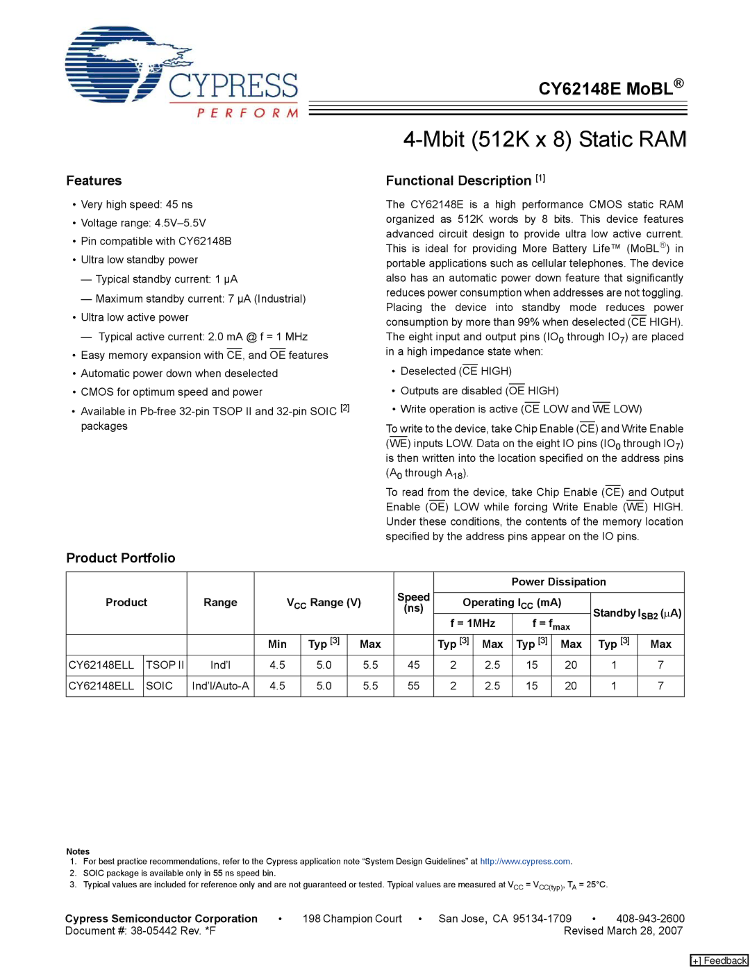 Cypress CY62148E manual Features, Product Portfolio Functional Description, Tsop, Soic 