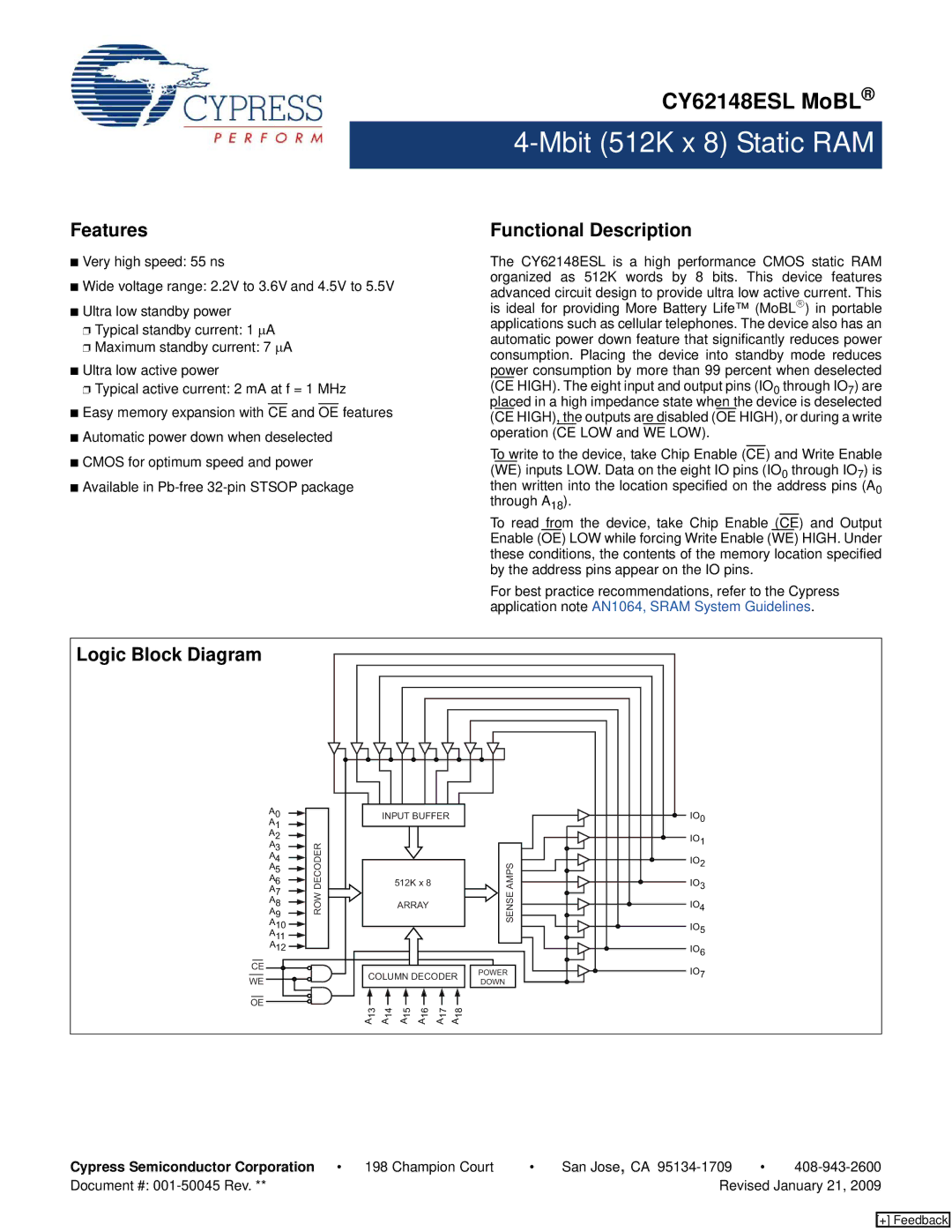 Cypress CY62148ESL manual Features, Functional Description, Logic Block Diagram 