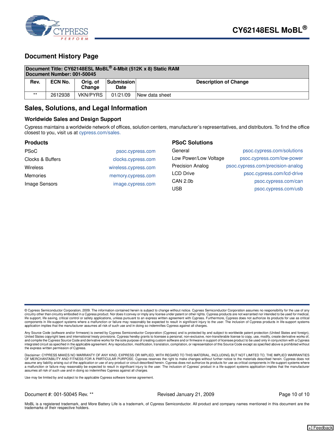 Cypress CY62148ESL manual Document History, Sales, Solutions, and Legal Information, New data sheet 