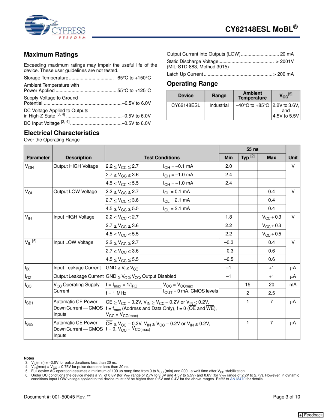 Cypress CY62148ESL manual Maximum Ratings, Operating Range, Electrical Characteristics, Device Range Ambient 