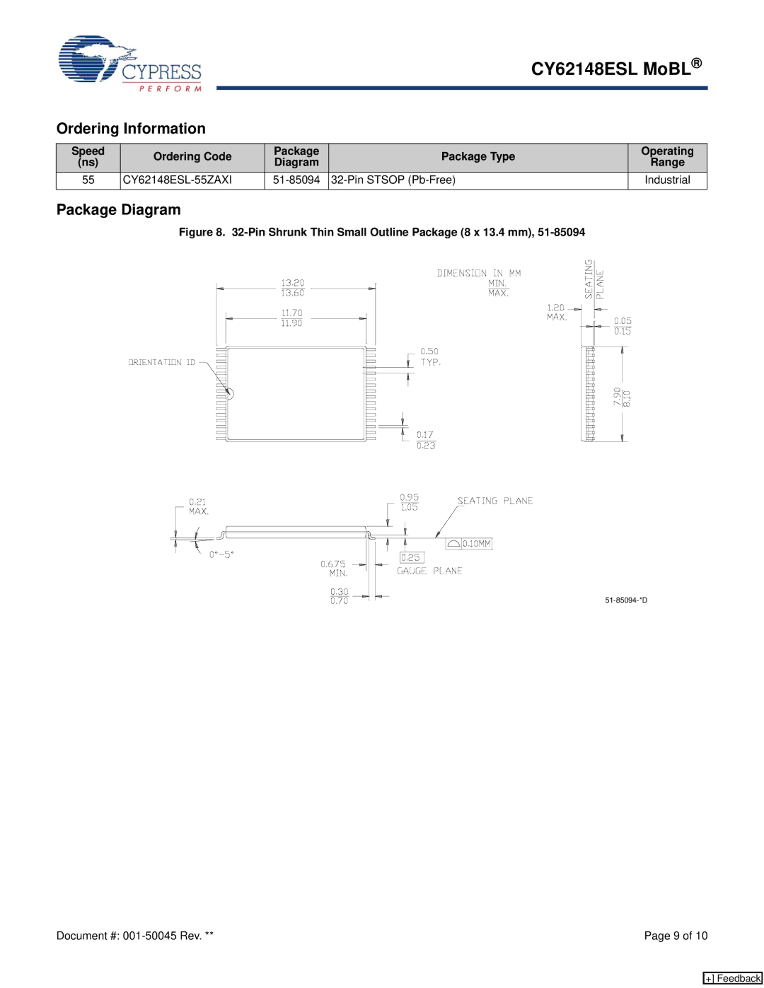 Cypress CY62148ESL manual Ordering Information, Package Diagram, Pin Stsop Pb-Free 