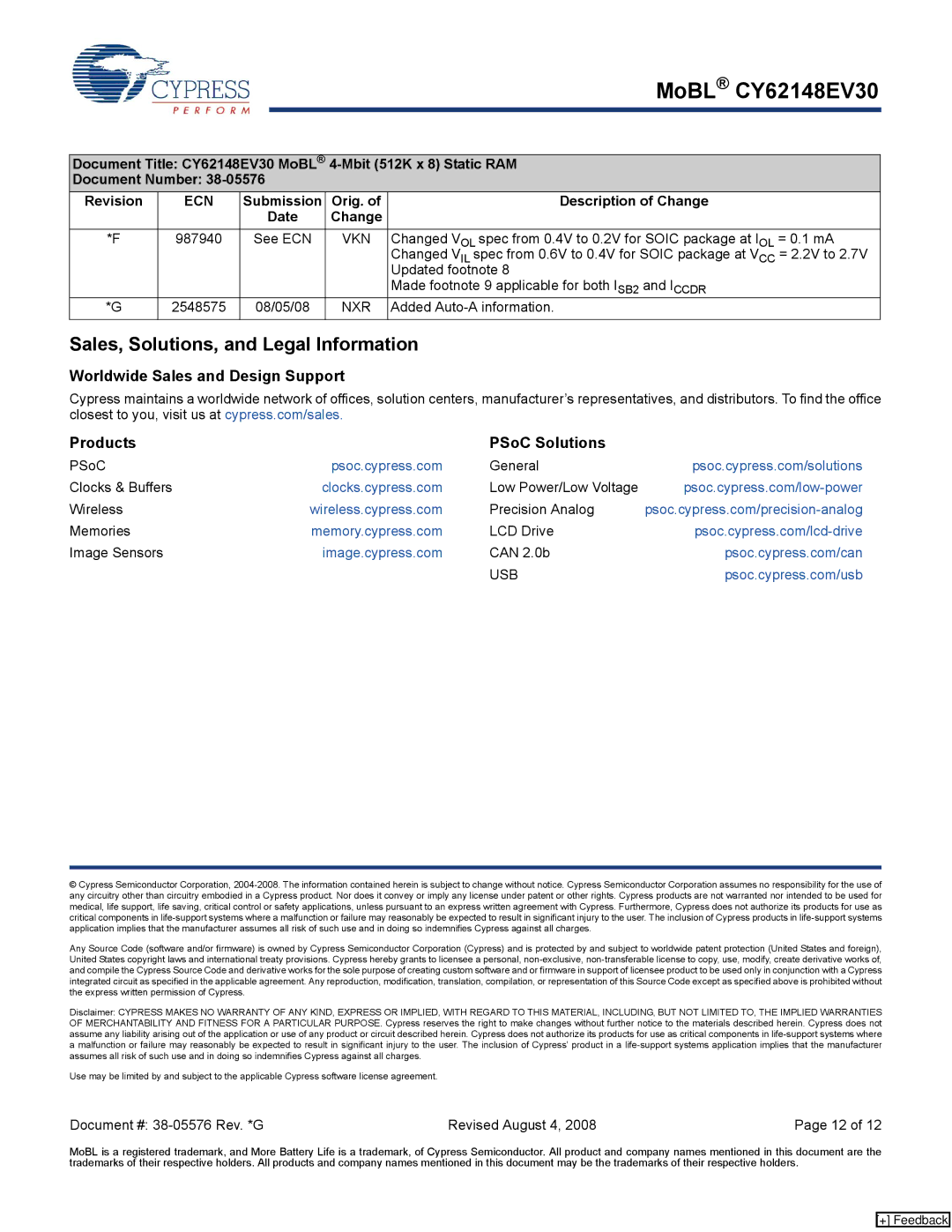 Cypress manual Sales, Solutions, and Legal Information, Document Title CY62148EV30 MoBL 4-Mbit 512K x 8 Static RAM, Usb 