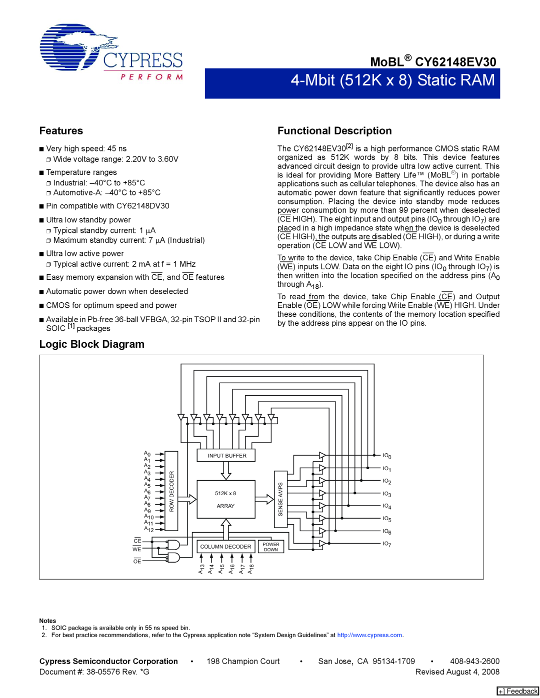 Cypress manual MoBL CY62148EV30, Features, Functional Description, Logic Block Diagram, Mbit 512K x 8 Static RAM 