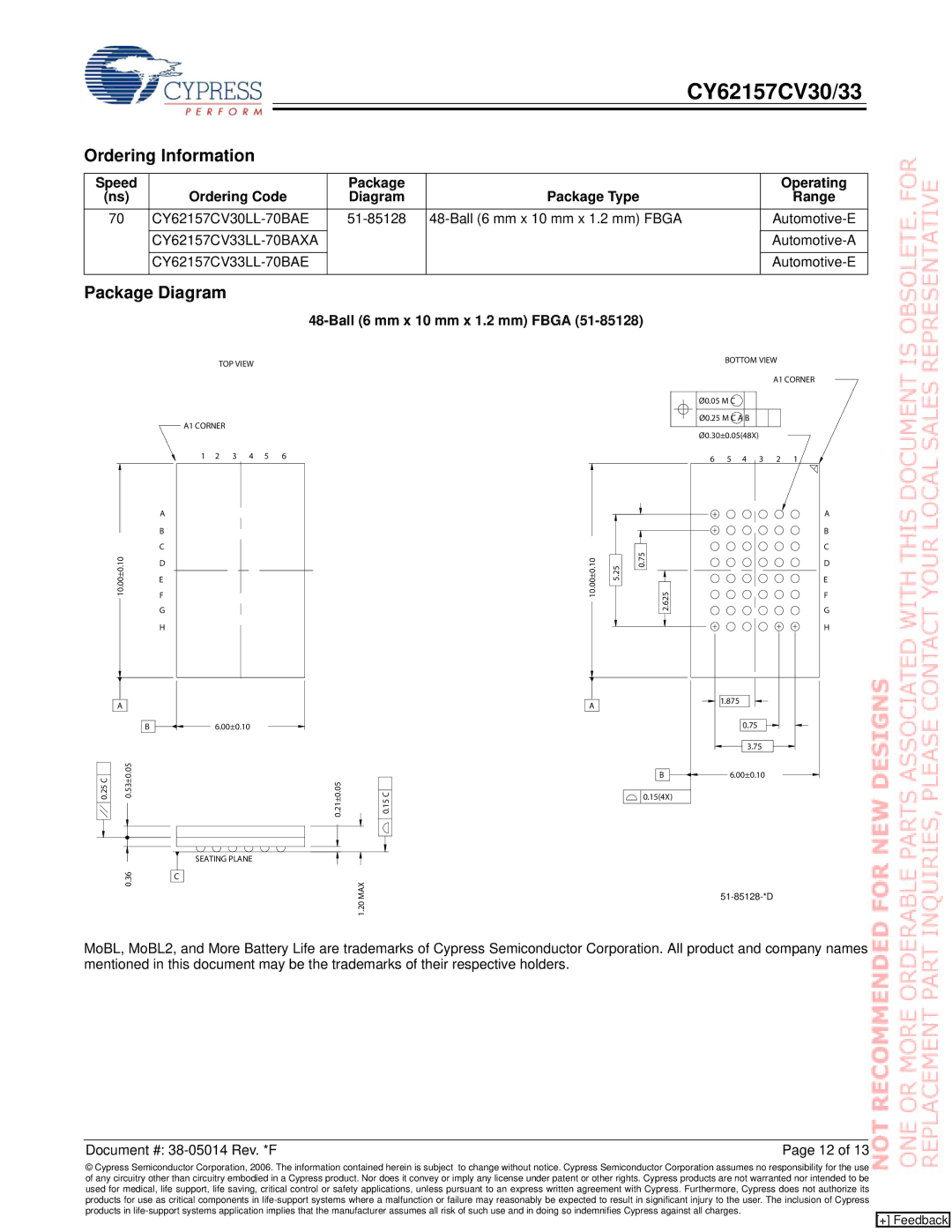 Cypress CY62157CV30, CY62157CV33 manual Ordering Information, Package Diagram, Ball 6 mm x 10 mm x 1.2 mm Fbga 