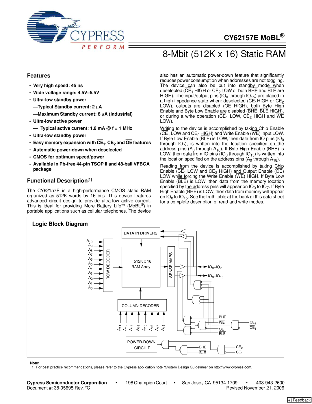 Cypress CY62157E manual Features, Functional Description1, Logic Block Diagram, Cypress Semiconductor Corporation 