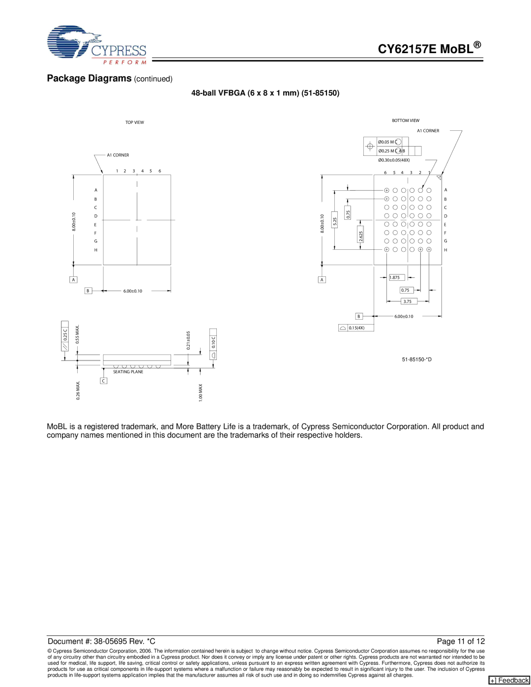 Cypress CY62157E manual Ball Vfbga 6 x 8 x 1 mm 