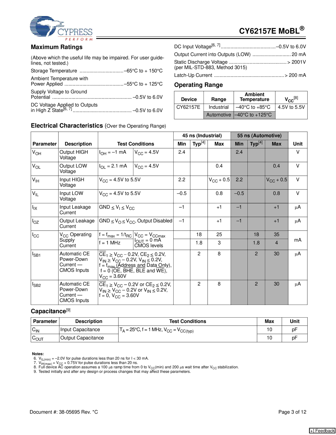 Cypress CY62157E manual Maximum Ratings, Electrical Characteristics Over the Operating Range, Capacitance9 