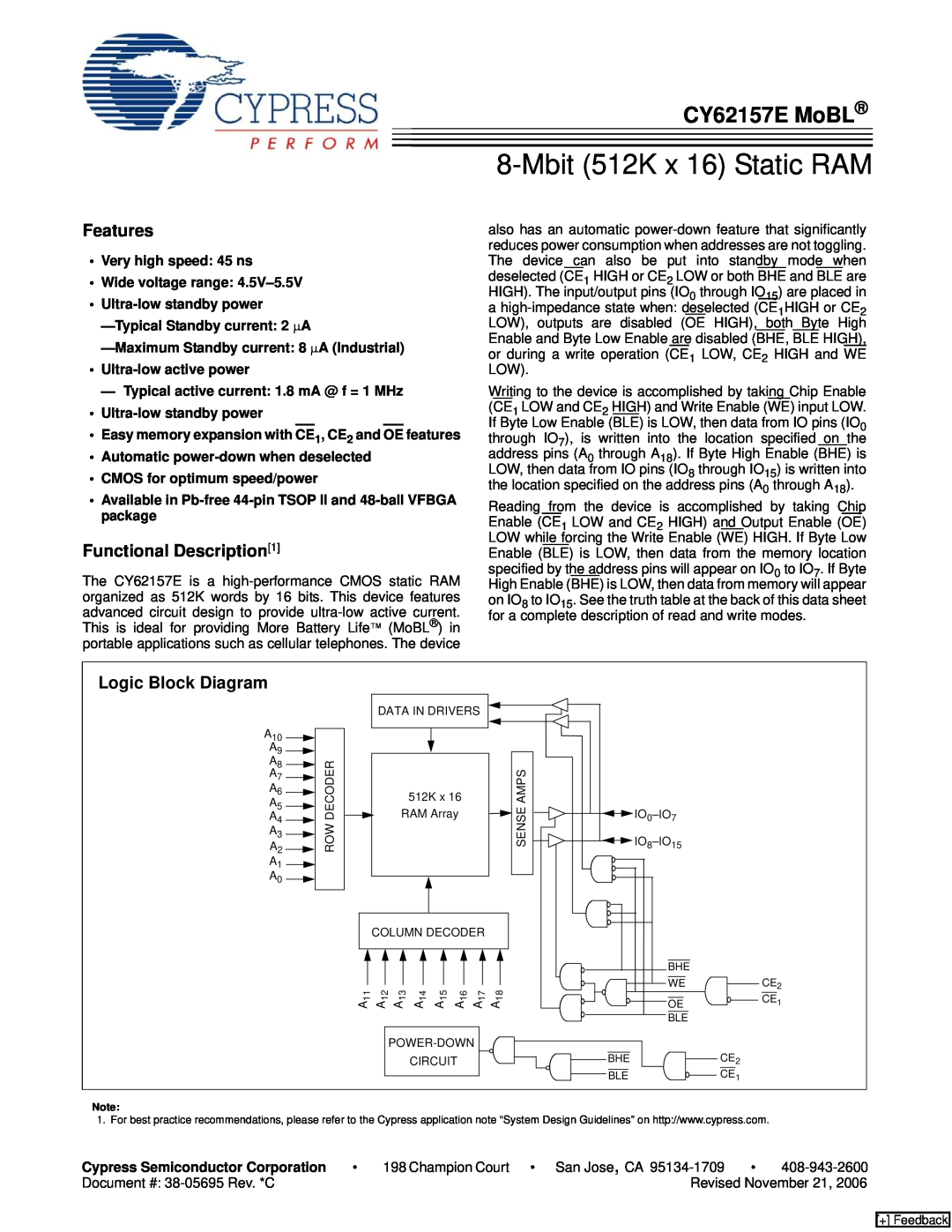 Cypress manual CY62157E MoBL, Features, Functional Description1, Logic Block Diagram, Mbit 512K x 16 Static RAM 