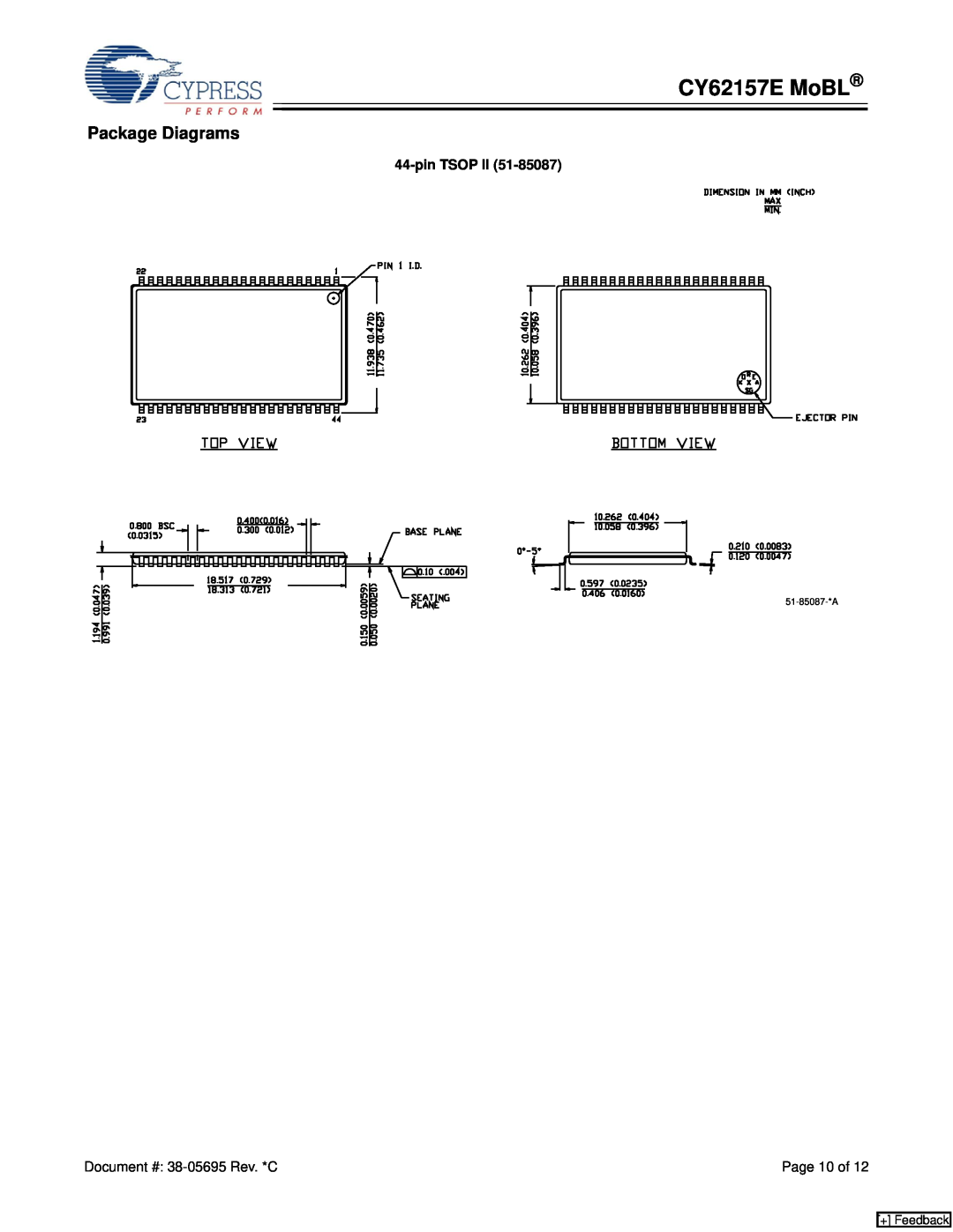 Cypress manual Package Diagrams, CY62157E MoBL, pin TSOP II, + Feedback 