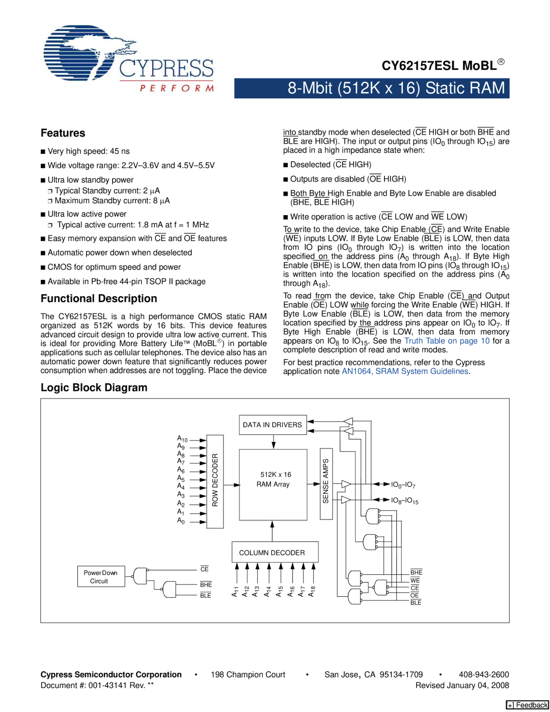 Cypress CY62157ESL manual Features, Functional Description, Logic Block Diagram 