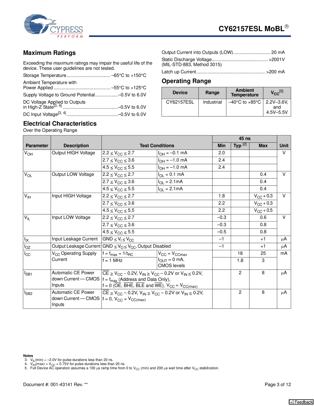 Cypress CY62157ESL manual Maximum Ratings, Operating Range, Electrical Characteristics, Device Range Ambient 