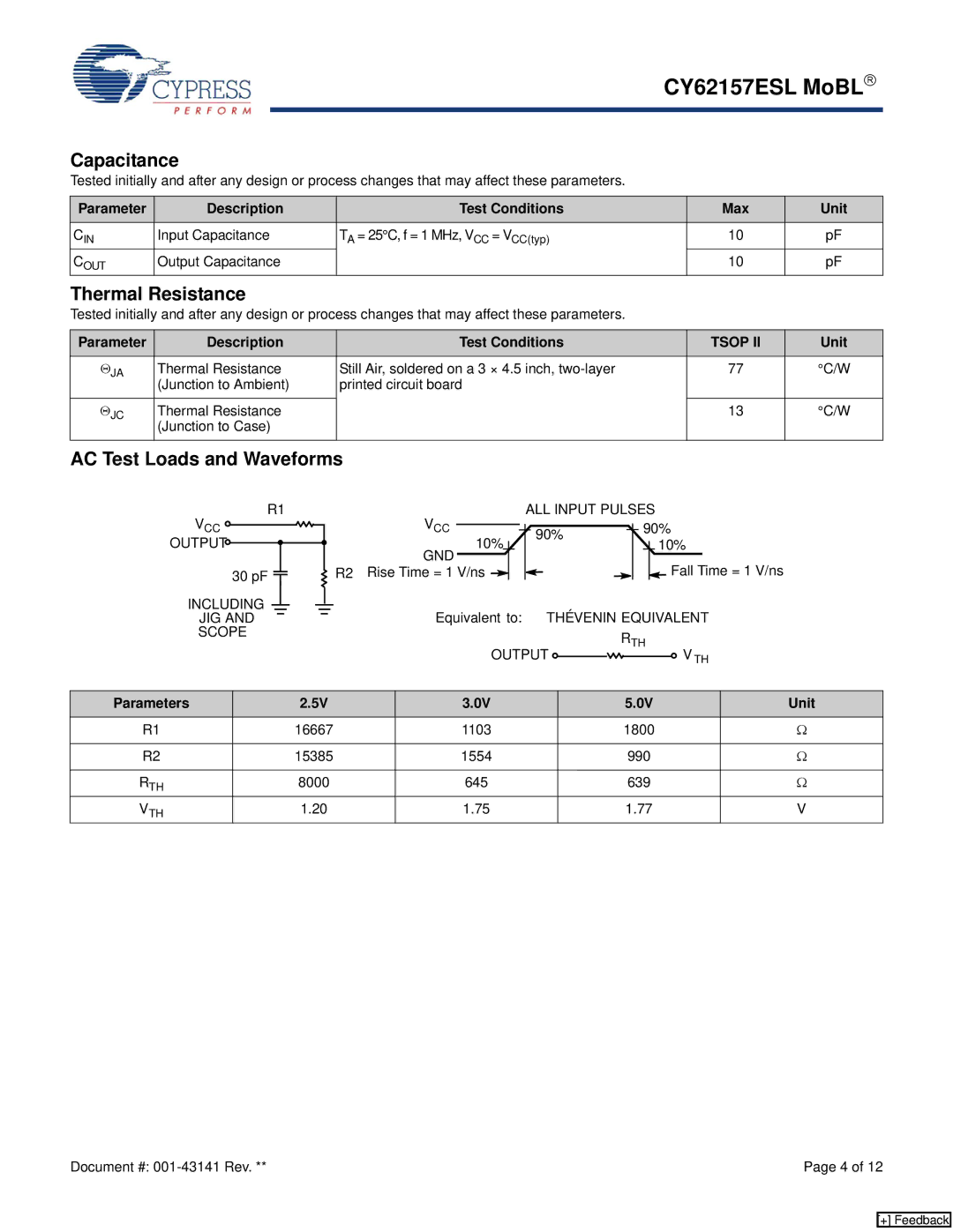 Cypress CY62157ESL manual Capacitance, Thermal Resistance, AC Test Loads and Waveforms, Tsop 