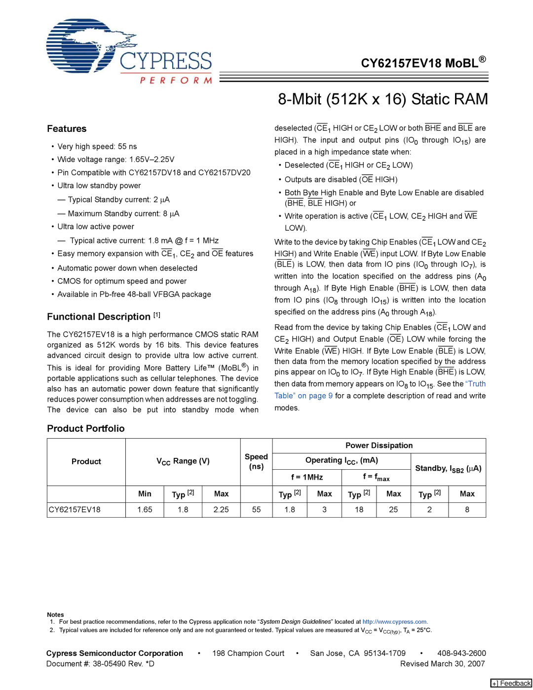 Cypress CY62157EV18 manual Features, Functional Description, Product Portfolio 