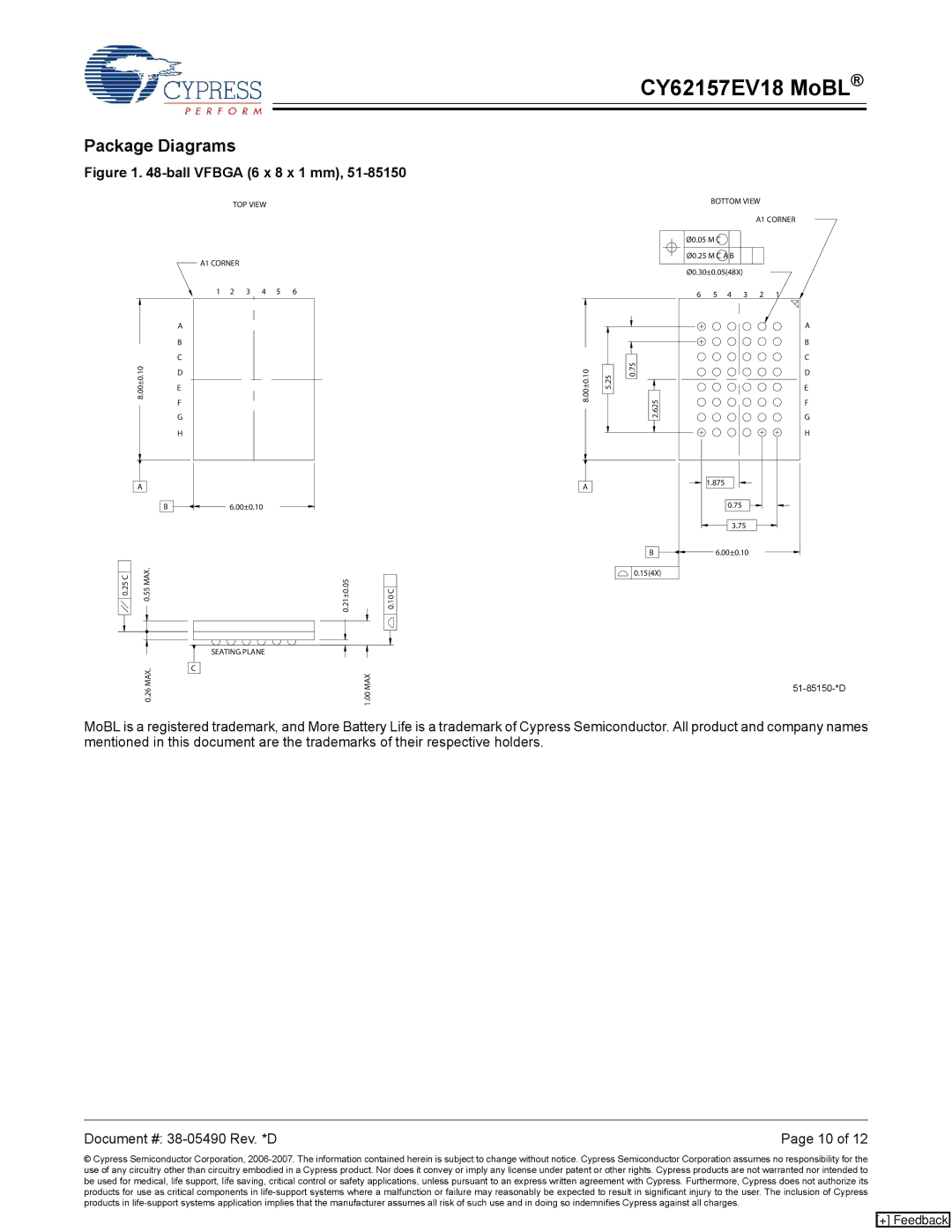 Cypress CY62157EV18 manual Package Diagrams, Ball Vfbga 6 x 8 x 1 mm 