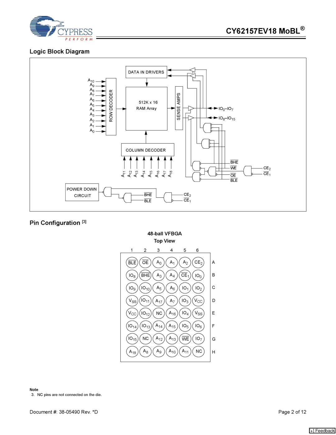 Cypress CY62157EV18 manual Logic Block Diagram, Pin Configuration, Ball Vfbga Top View 