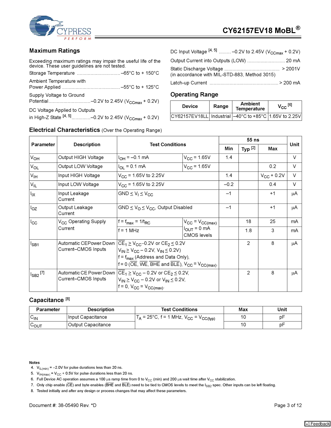 Cypress CY62157EV18 manual Maximum Ratings, Electrical Characteristics Over the Operating Range, Capacitance 