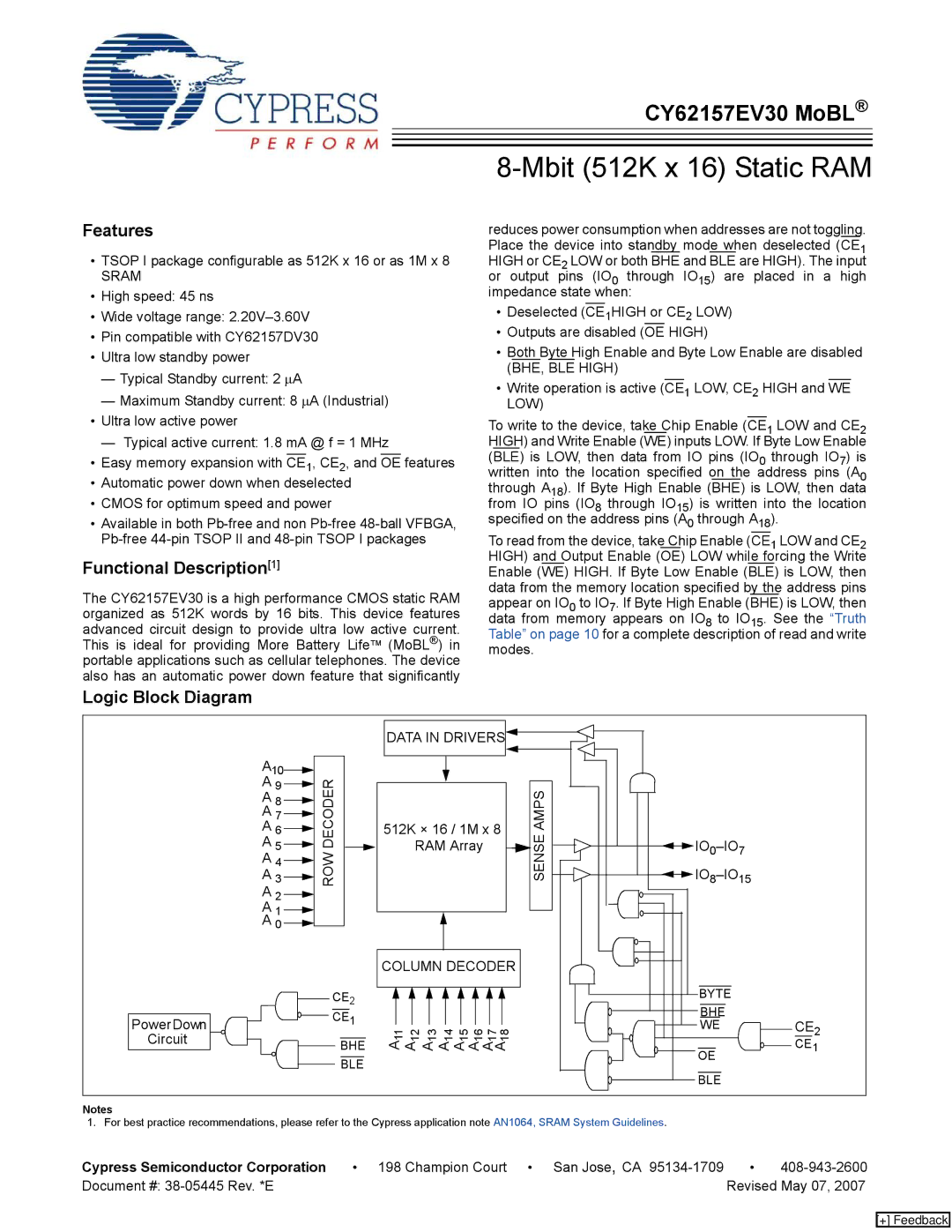 Cypress CY62157EV30 manual Features, Functional Description1, Logic Block Diagram, Cypress Semiconductor Corporation 