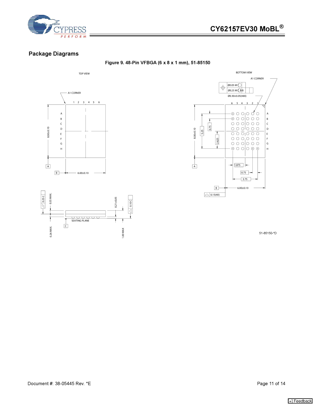 Cypress CY62157EV30 manual Package Diagrams, Pin Vfbga 6 x 8 x 1 mm 